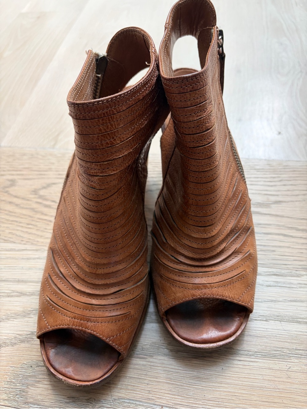 Paul Green Tan Brown Leather Peep-Toe Ankle Booties